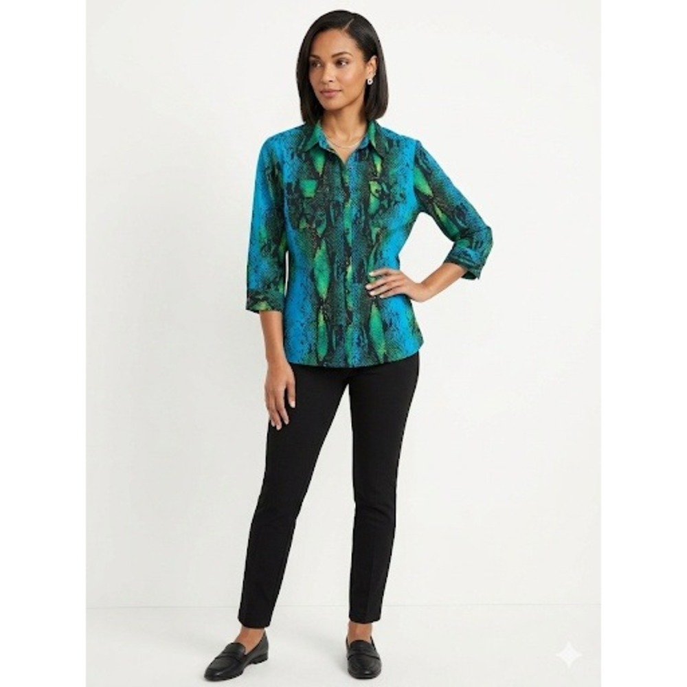 Notations Blue Green Animal Print‎ Button Down Blouse Shirt Women's Small